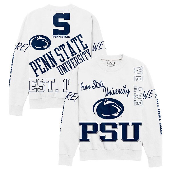 white crew neck sweatshirt with assorted Penn State University graphics all over